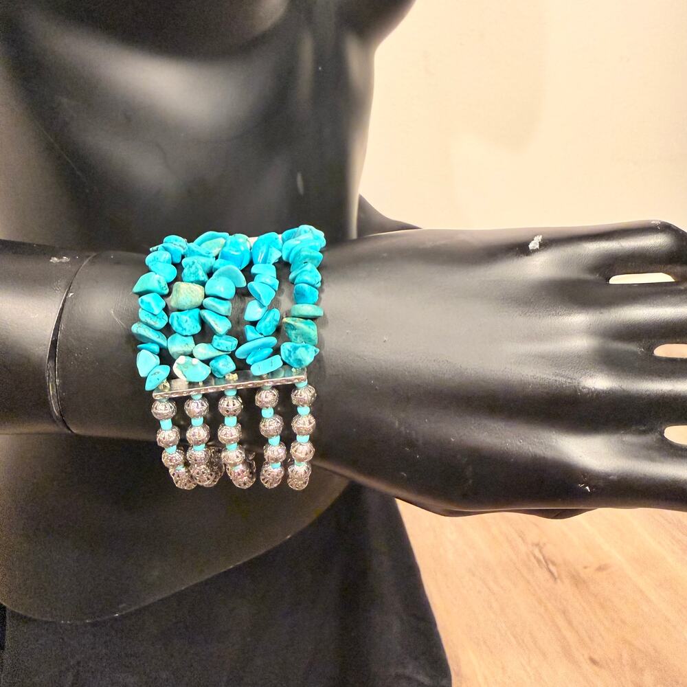 Turquoise Blue Stone Chip Five-Strand Bracelet Silver Tone Boho Statement